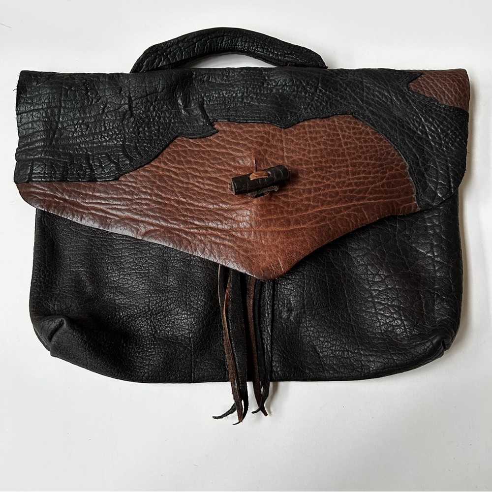 Rustic Eternal Perspectives Black and Brown Buffalo Leather Hand Bag